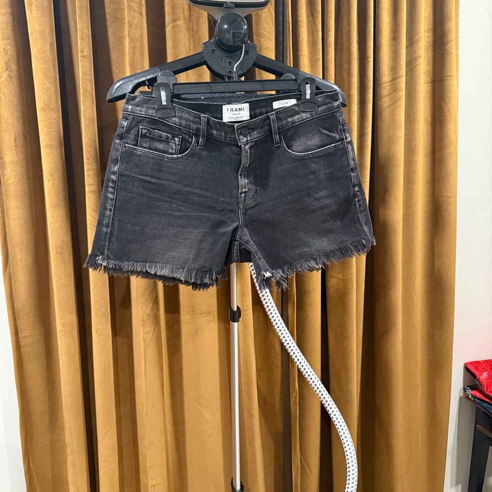 Frame Denim Washed Black Frayed Hem Cutoff Shorts